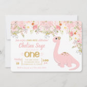 Invitation Dinosaure rose et or Floral Girl Anniversaire (Devant)