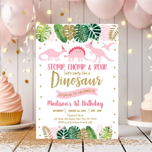 Invitation Dinosaure rose et or Safari Anniversaire