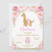 Invitation Dinosaure rose floral Brachiosaurus Fille d'annive (Devant)
