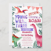 Invitation Dinosaure rose jeune sauvage et trois aquarelles (Devant)