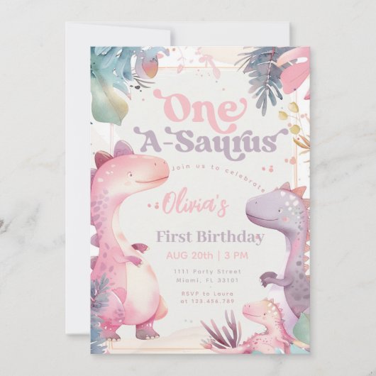 Invitation Dinosaure rose One-A-Saurus Fille 1er anniversaire (Devant)