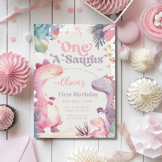 Invitation Dinosaure rose One-A-Saurus Fille 1er anniversaire