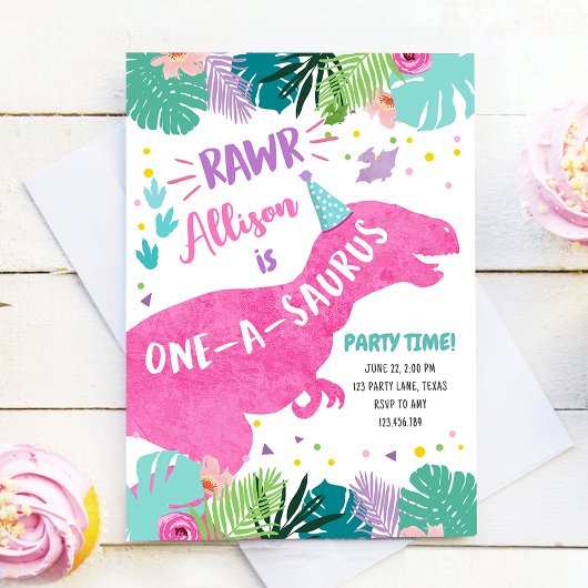 Invitation Dinosaure rose One-A-Saurus Fille 1er anniversaire