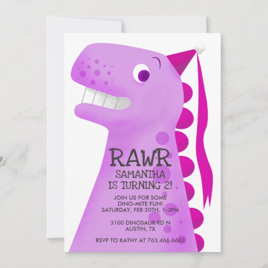 Invitation Dinosaure rose princesse fête d'anniversaire (Devant)