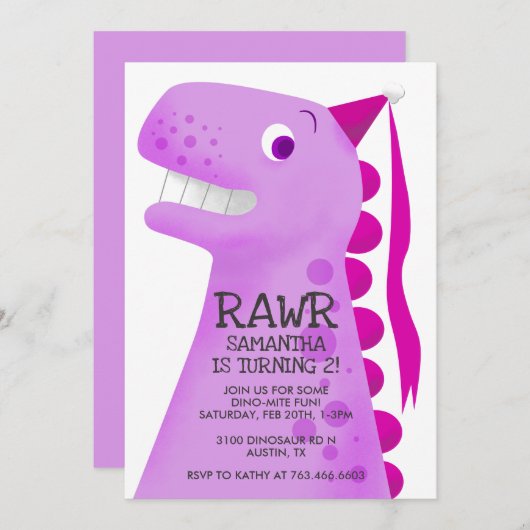 Invitation Dinosaure rose princesse fête d'anniversaire (Devant / Derrière)