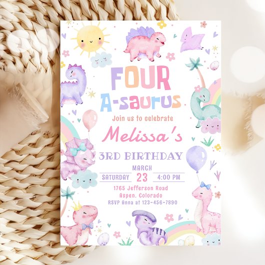 Invitation Dinosaure rose Quatre A-Saurus fête d'anniversaire