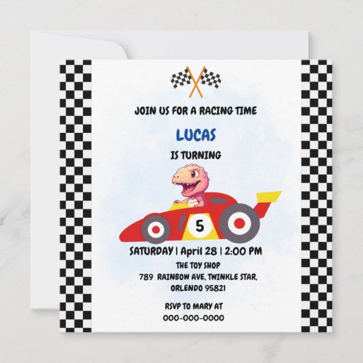 Invitation Dinosaure rose Rouge Race voiture garçon Fun Anniv (Devant)
