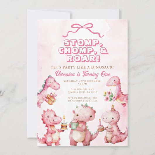 Invitation Dinosaure rose Stomp Chomp Roar 1er anniversaire (Devant)