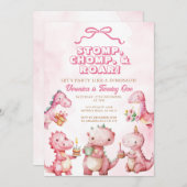 Invitation Dinosaure rose Stomp Chomp Roar 1er anniversaire (Devant / Derrière)