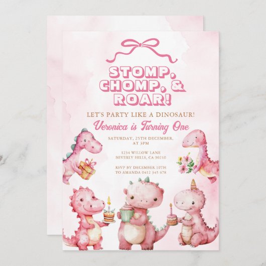 Invitation Dinosaure rose Stomp Chomp Roar 1er anniversaire (Devant / Derrière)