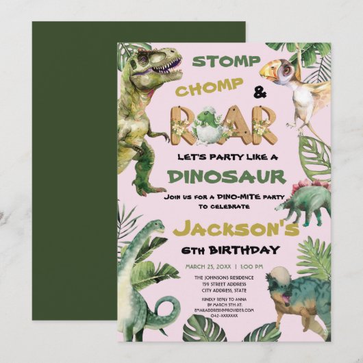 Invitation Dinosaure Rose Thème Anniversaire (Devant / Derrière)