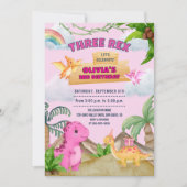 Invitation Dinosaure rose Trois Rex 3e fête de fille annivers (Devant)