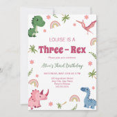 Invitation Dinosaure Rose Trois Rex 3ème anniversaire (Devant)