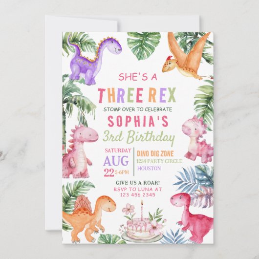 Invitation Dinosaure rose Trois Rex FILLE Anniversaire (Devant)