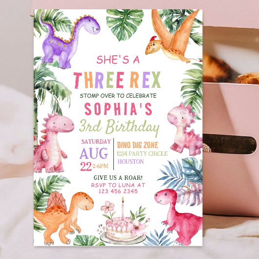 Invitation Dinosaure rose Trois Rex FILLE Anniversaire