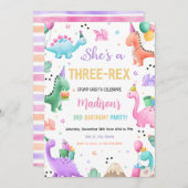 Invitation Dinosaure rose Trois Rex Girl Dino fête d'annivers (Devant / Derrière)