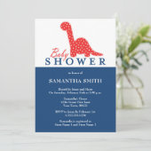 Invitation Dinosaure rouge et bleu Baby shower à thème (Debout devant)