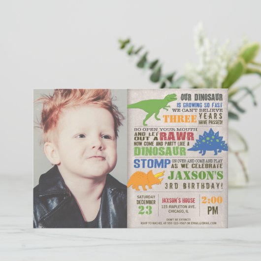 Invitation dinosaure rustique anniversaire photo garçon premi (Debout devant)