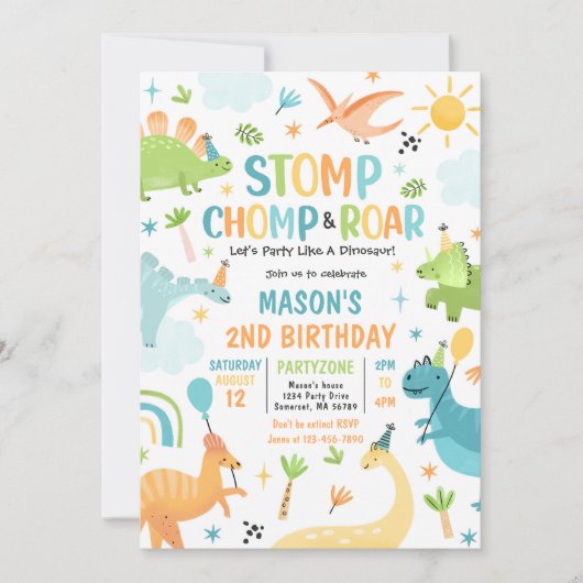 Invitation Dinosaure Stomp Chomp Et Roar T-Rex Anniversaire (Devant)
