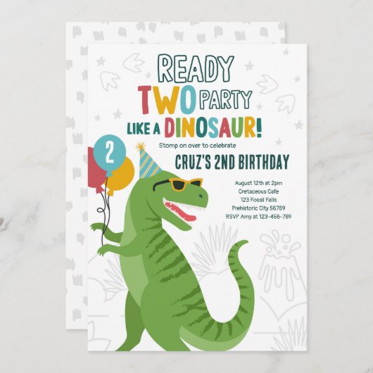 Invitation Dinosaure T-Rex 2e fête d'anniversaire (Devant / Derrière)