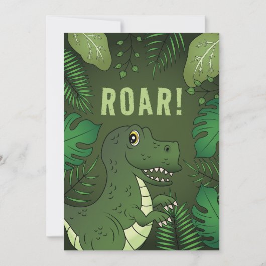 Invitation Dinosaure T-rex vert avec texte brut fête d'annive (Devant)