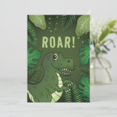 Invitation Dinosaure T-rex vert avec texte brut fête d'annive (Debout devant)