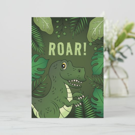 Invitation Dinosaure T-rex vert avec texte brut fête d'annive (Debout devant)