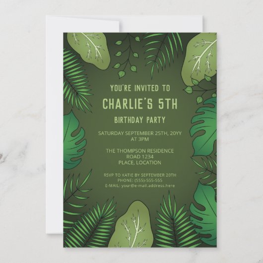 Invitation Dinosaure T-rex vert avec texte brut fête d'annive (Dos)