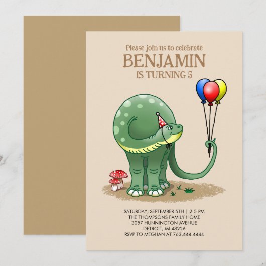 Invitation Dinosaure tenant Ballons Anniversaire (Devant / Derrière)