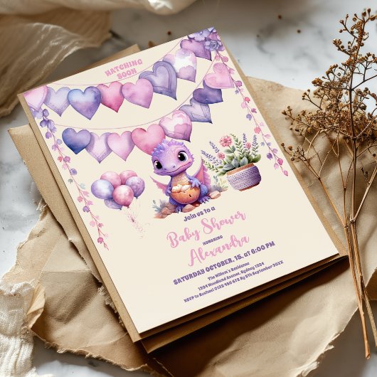 Invitation Dinosaure Thème Pink Baby shower Hatching Bientôt