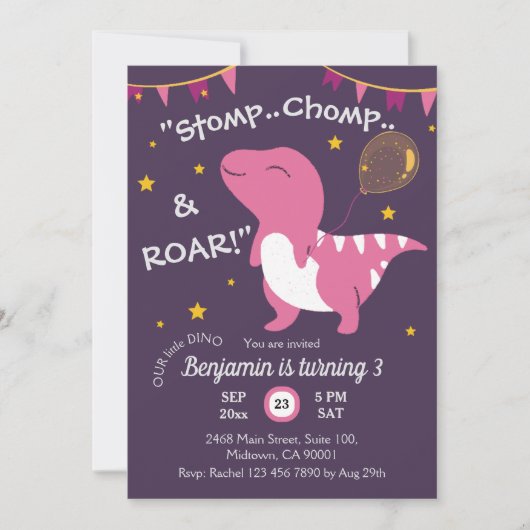 Invitation Dinosaure thème Stomp, Chomp & Roar! 3e anniversai (Devant)