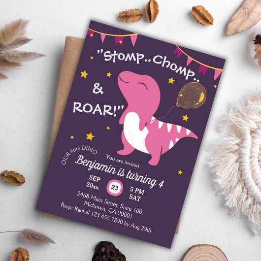 Invitation Dinosaure thème Stomp, Chomp & Roar! 4ème annivers