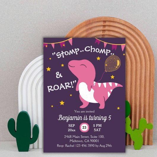 Invitation Dinosaure thème Stomp, Chomp & Roar! 5e anniversai
