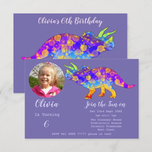 Invitation Dinosaure Tricératops Filles Anniversaire Purple P (Devant / Derrière)