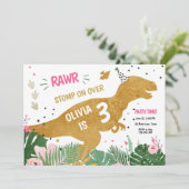 Invitation Dinosaure Trois Rex Dino fille rose or Anniversair (Debout devant)