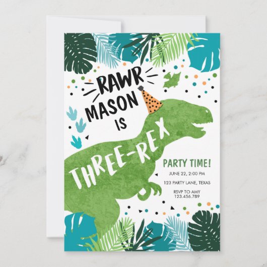Invitation Dinosaure Trois Rex T-Rex RAWR 3e anniversaire I (Devant)