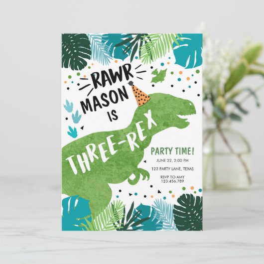 Invitation Dinosaure Trois Rex T-Rex RAWR 3e anniversaire I (Debout devant)