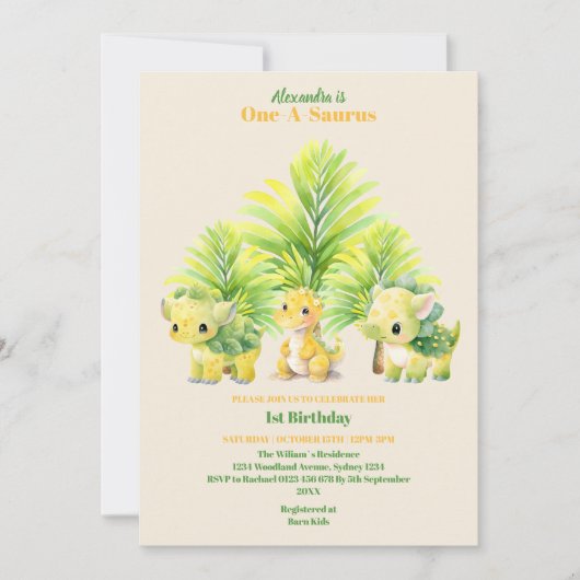 Invitation Dinosaure un-a-saurus 1er anniversaire (Devant)