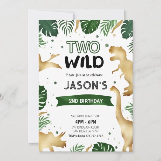 Invitation Dinosaure Vert & Or fête d'anniversaire (Devant)