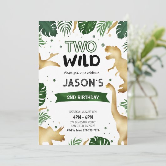 Invitation Dinosaure Vert & Or fête d'anniversaire (Debout devant)