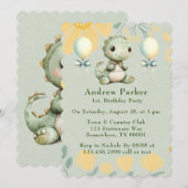 Invitation Dinosaure vert peint tendance 1er anniversaire fêt (Devant / Derrière)