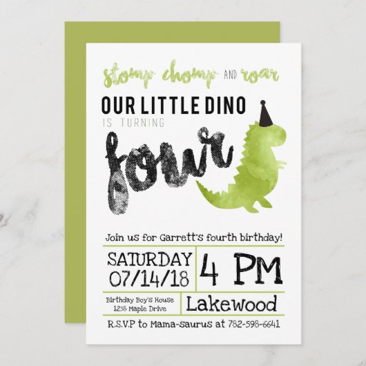 Invitation Dinosaure vert Stomp et Chomp Quatrième anniversai (Devant / Derrière)