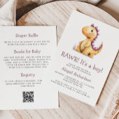 Invitation Dinosaure violet orange Code QR Baby shower garçon