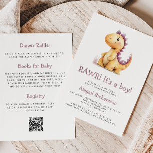 Invitation Dinosaure violet orange Code QR Baby shower garçon