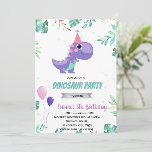 Invitation Dinosaure violet rose (Debout devant)