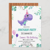 Invitation Dinosaure violet rose (Devant / Derrière)