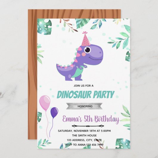 Invitation Dinosaure violet rose (Devant / Derrière)