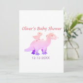 Invitation Dinosaure violet rose rouge baby shower ajouter la (Debout devant)