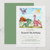 Invitation Dinosaures Aquarelle Verte Fête d'anniversaire (Devant / Derrière)
