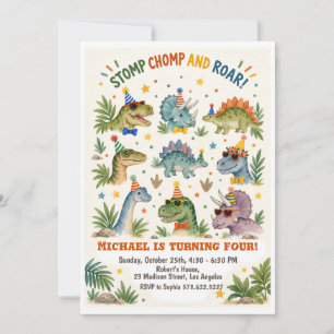 Invitation Dinosaures avec chapeaux de fête Anniversaire de